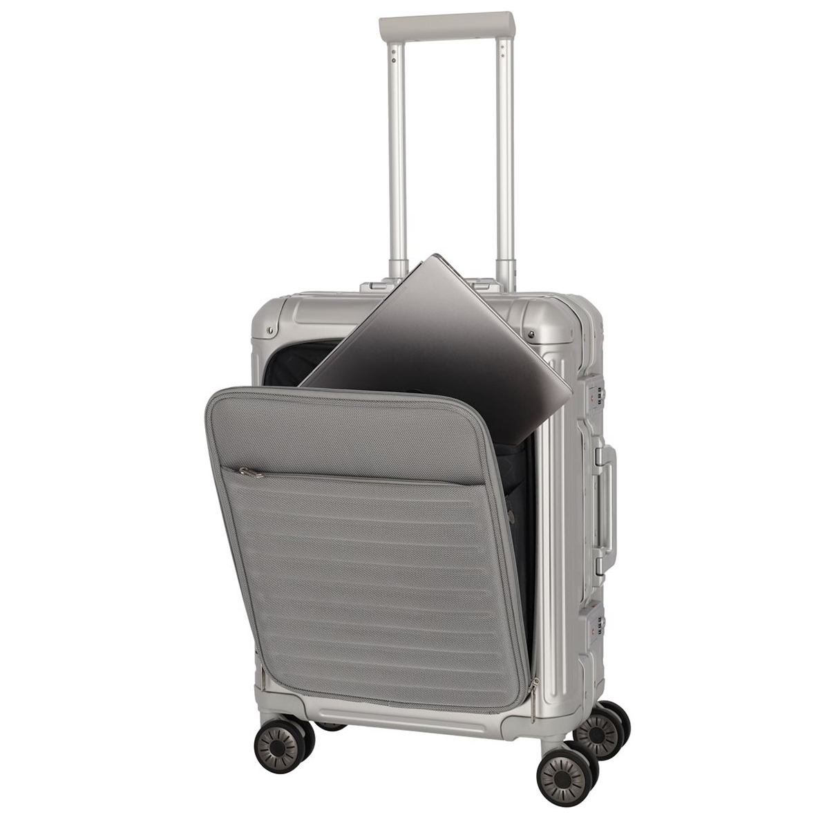 Travelite Next 2.0 Aluminium 4 Wiel Trolley S with Frontpocket silver